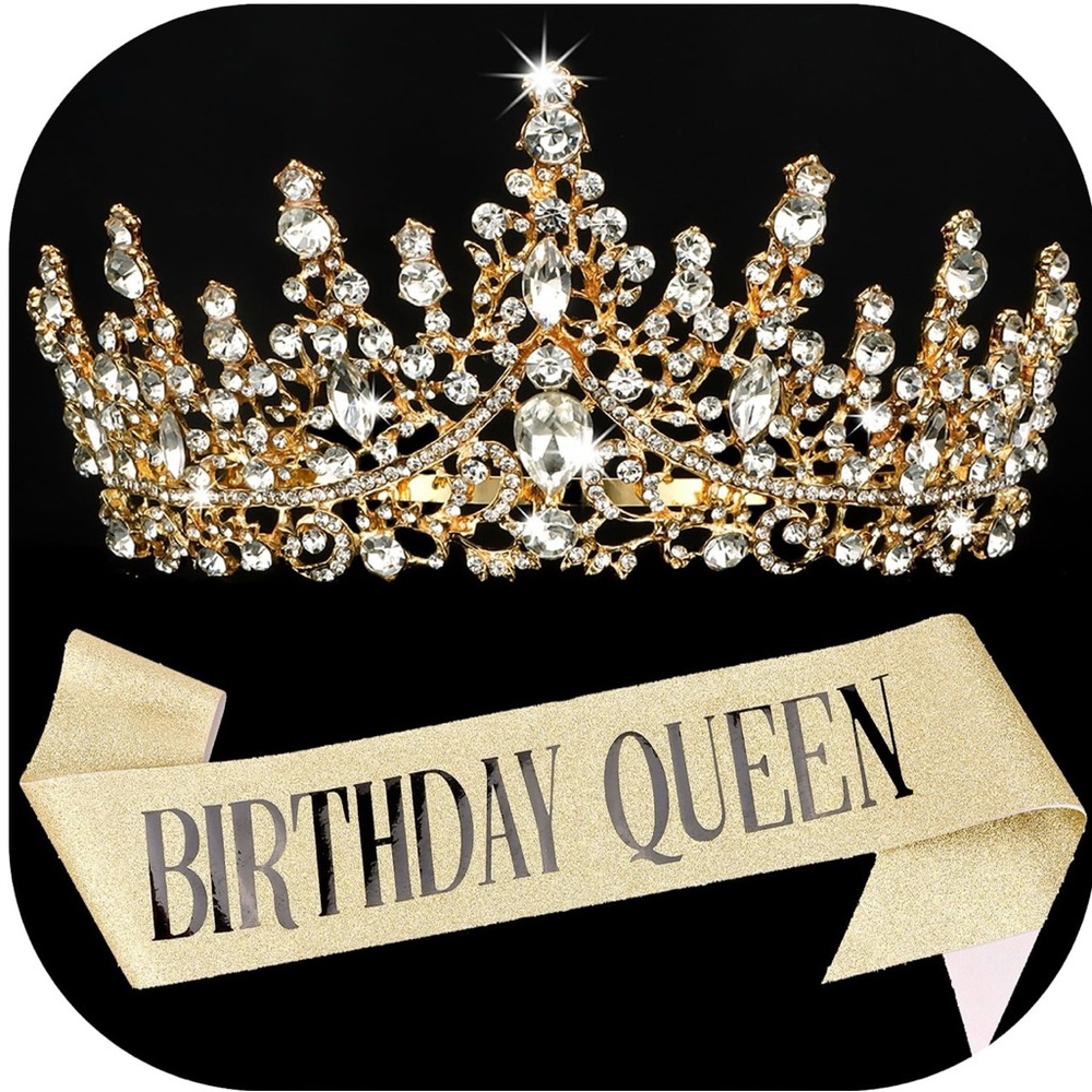 Birthday Queen Gold Sash and Gold Tiara with Rhinestones, New